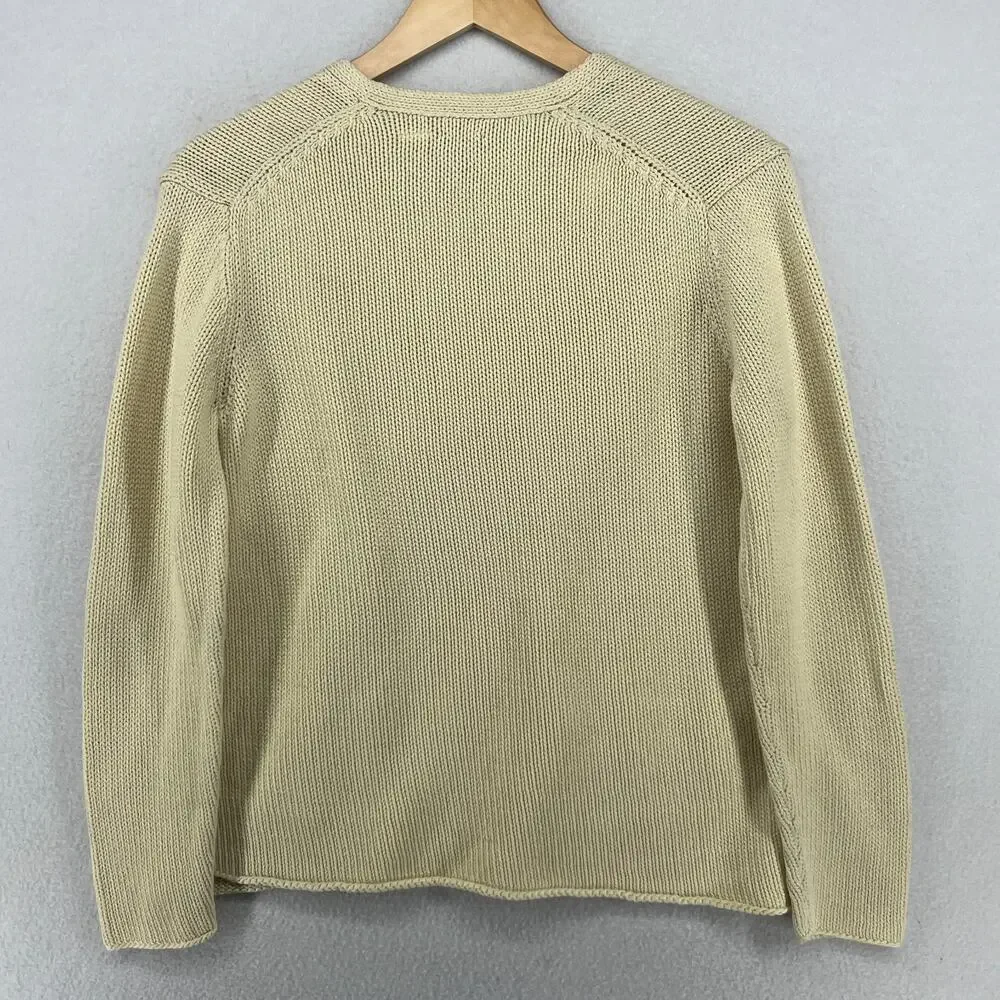 EILEEN FISHER Sweater S Cotton Chunky V-Neck Rolled Hem Pullover Off White VTG